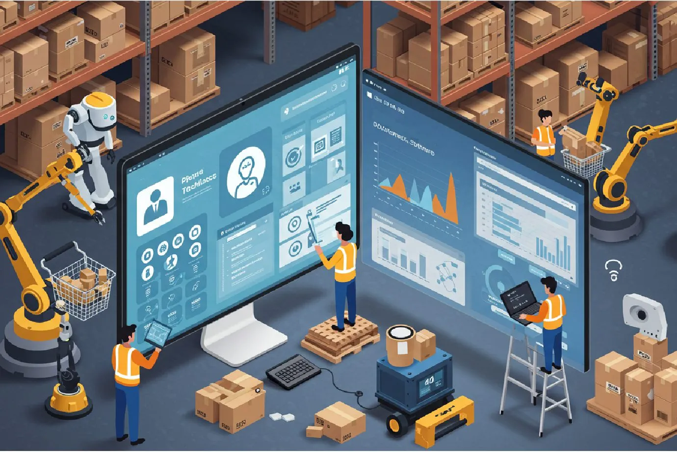AI and robotics automation system managing e-commerce warehouse operations with workers monitoring data on large screens.