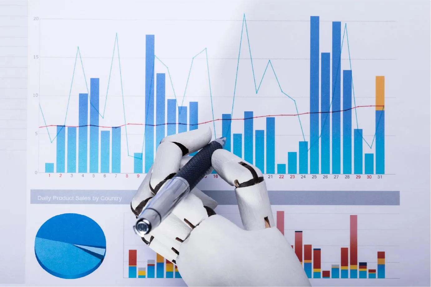Artificial intelligence analyzing sales data charts and graphs.