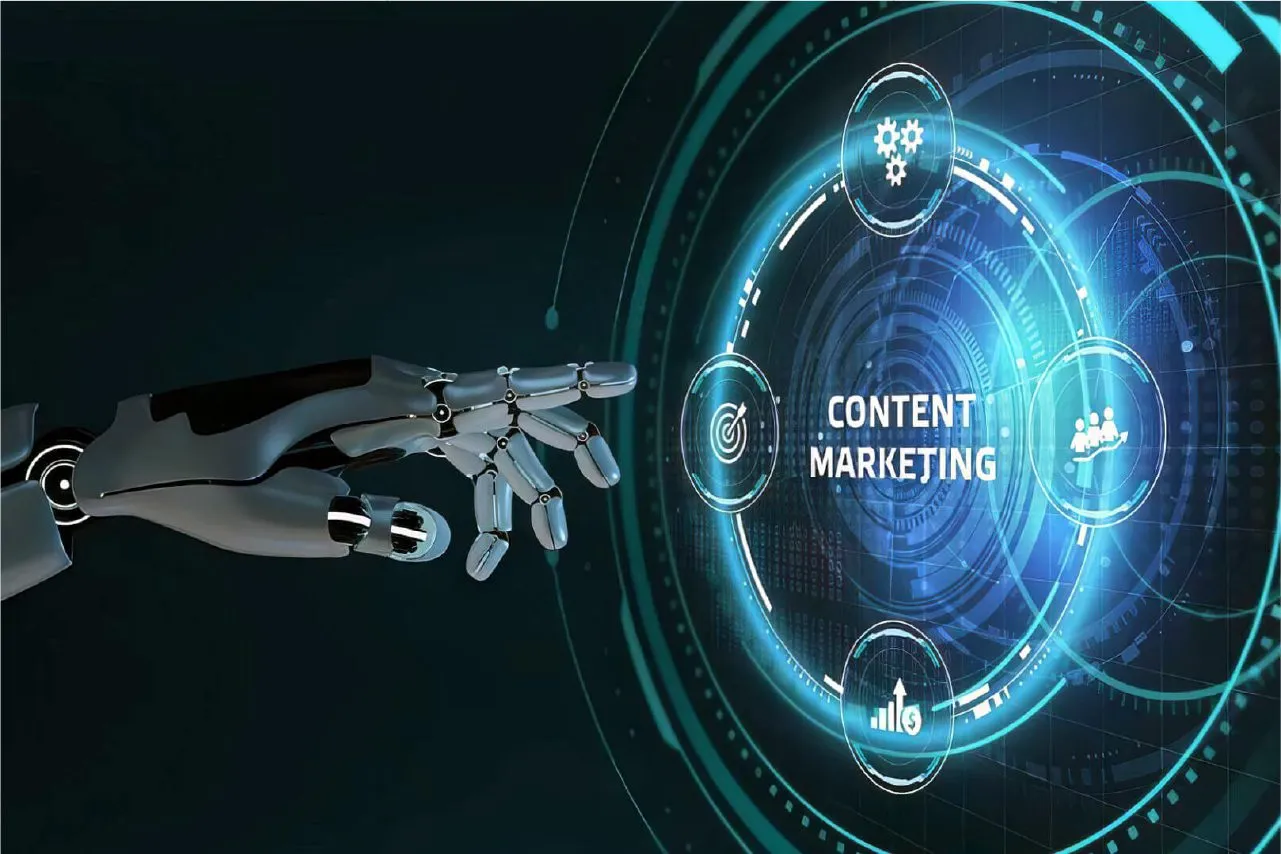 Robot hand interacting with holographic content marketing interface