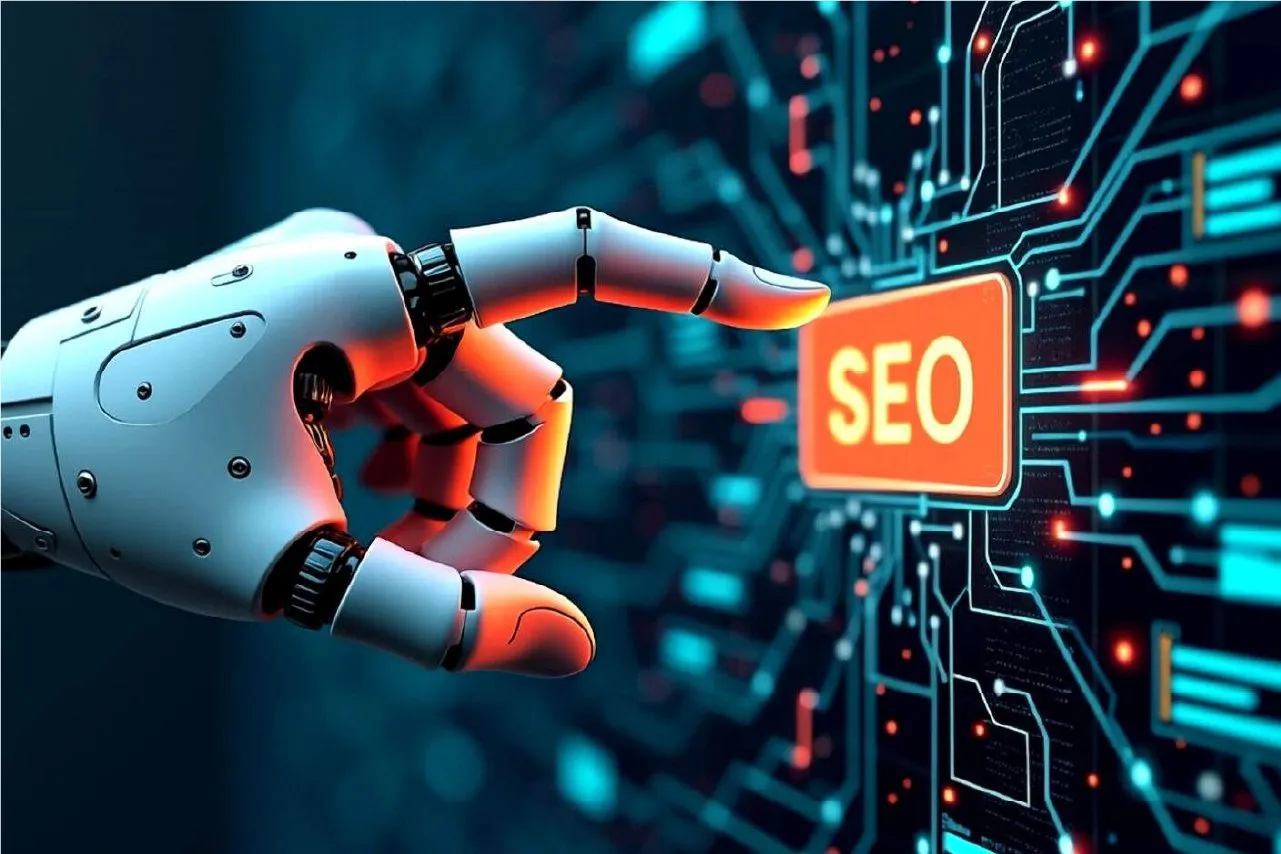 Robot hand pressing SEO button on futuristic digital interface