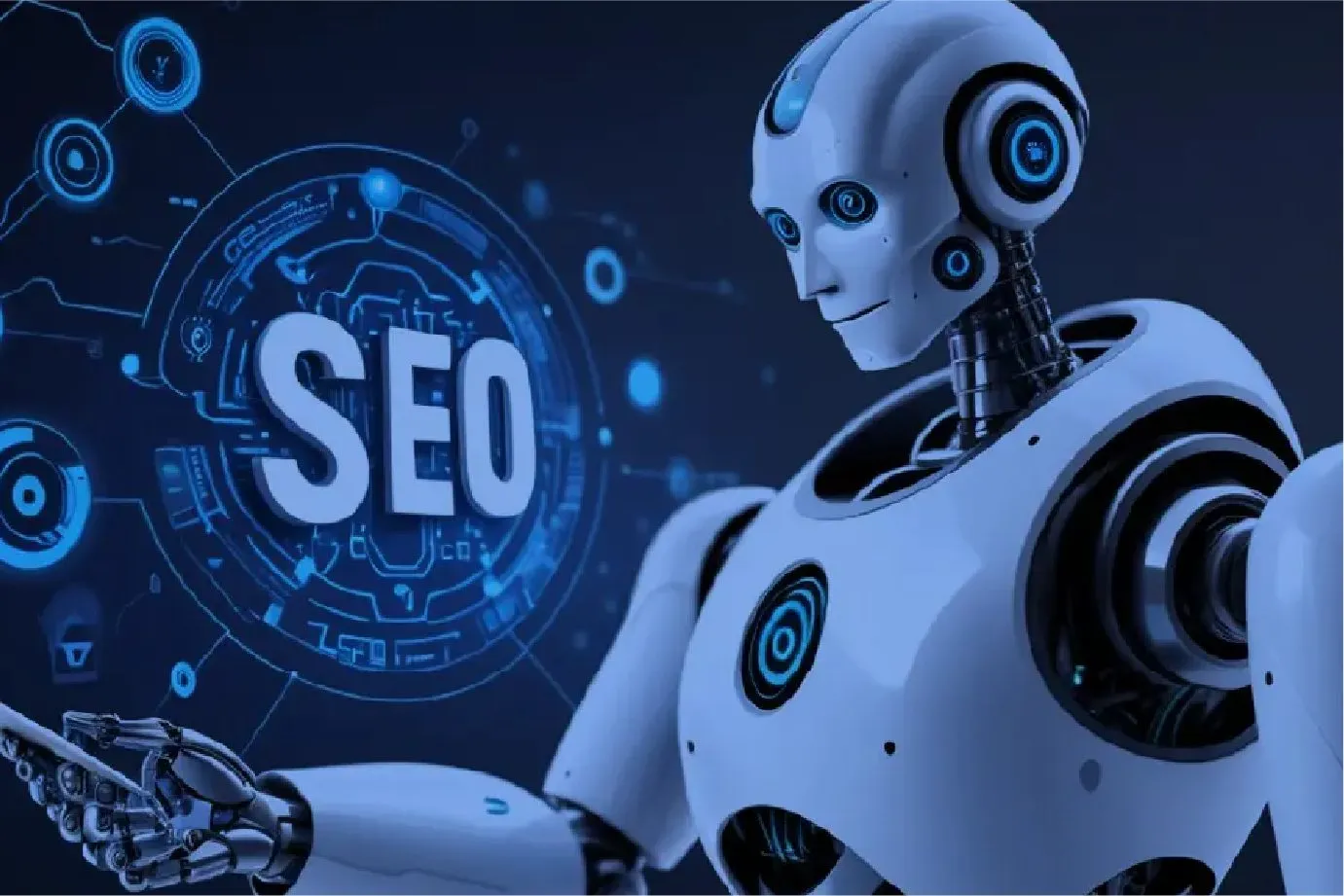 Futuristic AI robot points to a vibrant blue digital interface with the word SEO, representing artificial intelligence’s role in enhancing search engine optimization.