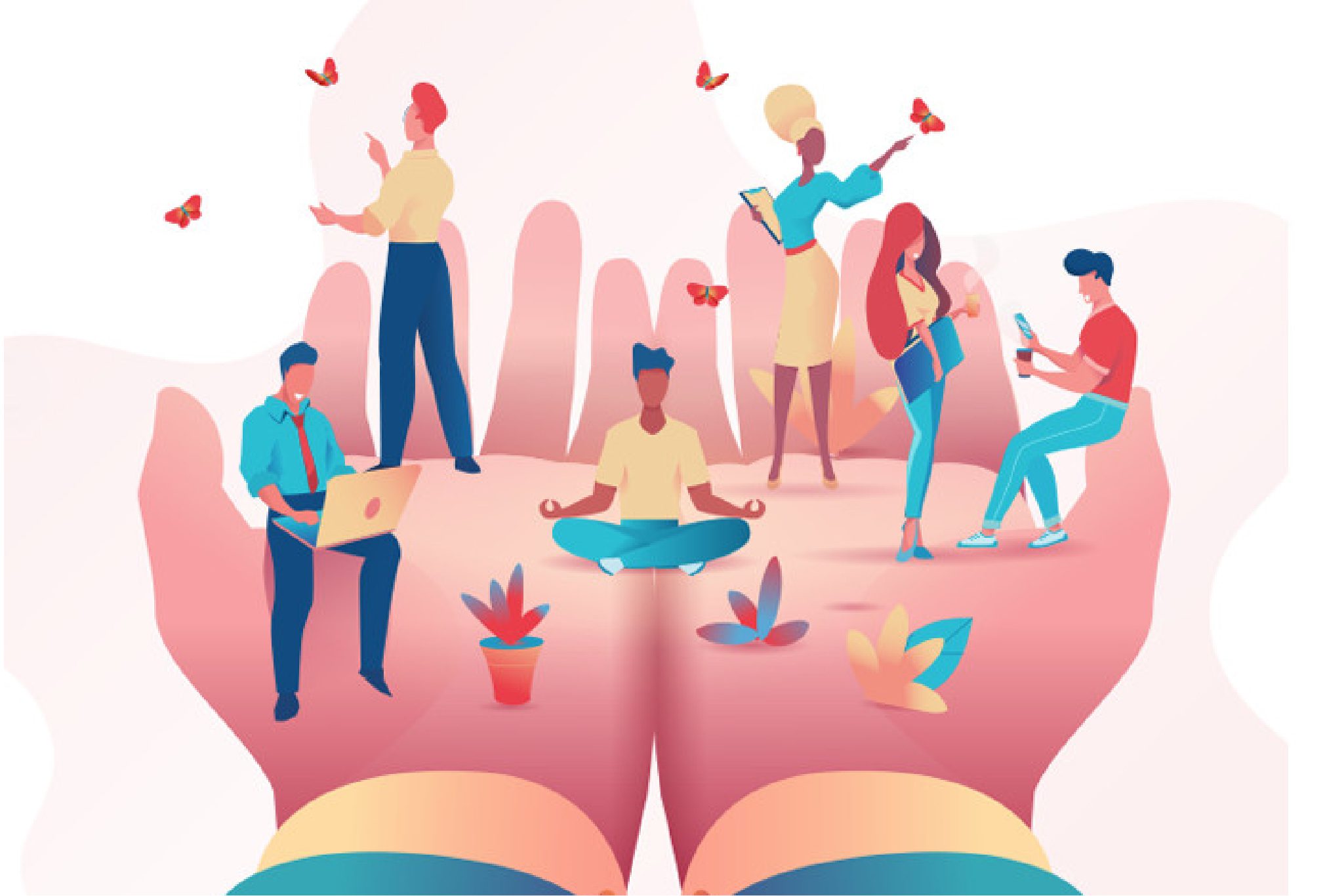 Illustration of diverse people working, meditating, and interacting while sitting or standing inside a pair of large caring hands, symbolizing support, wellbeing, and community.