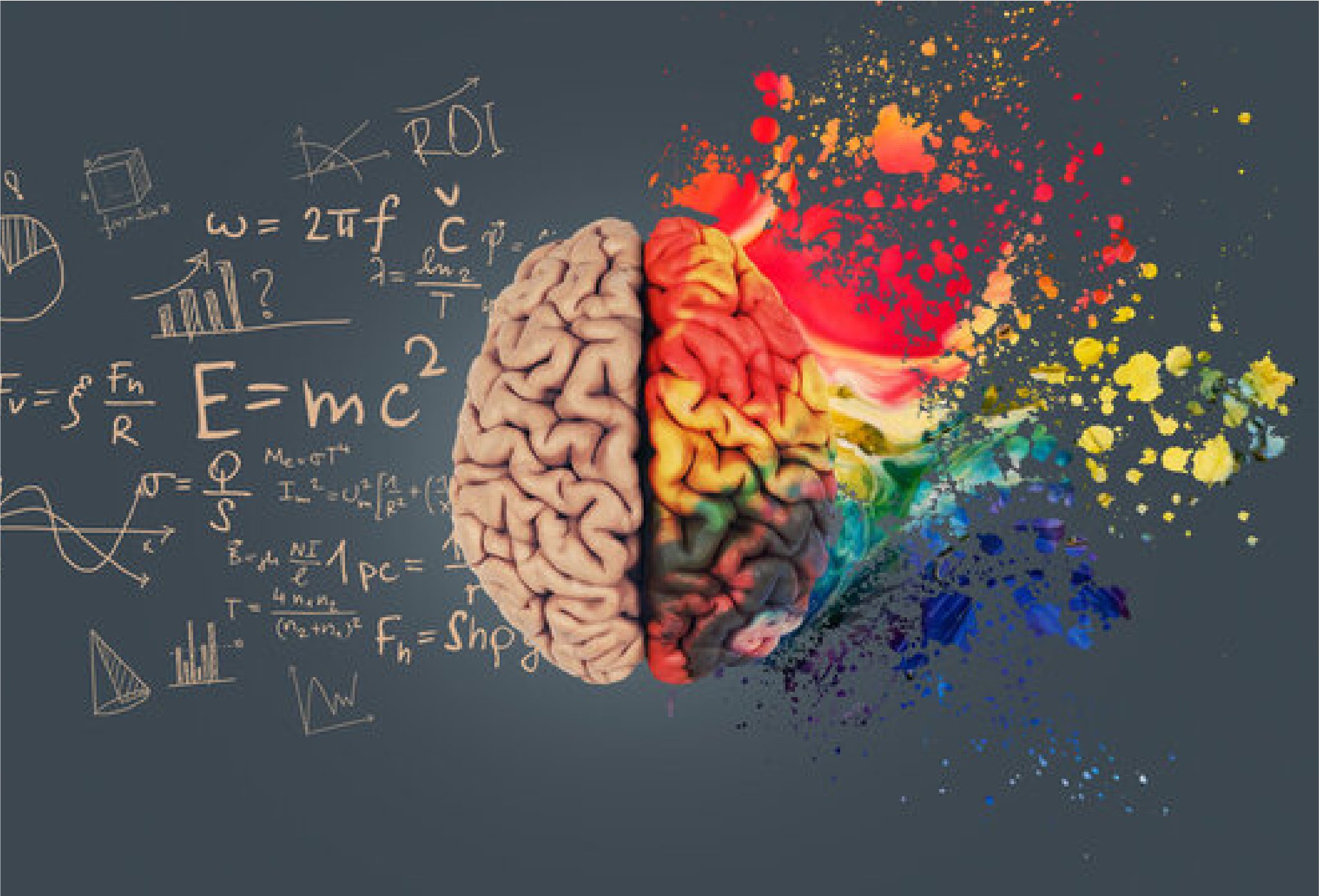 Human brain illustration with left side showing logic formulas and right side showing colorful paint splashes representing creativity.