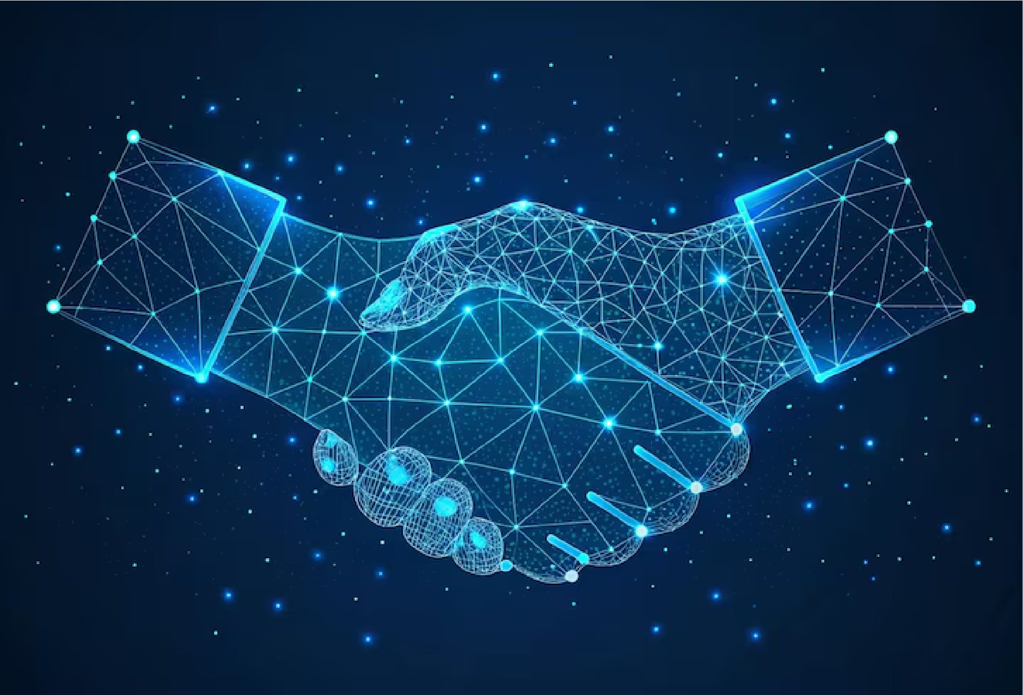 Futuristic digital handshake made of glowing blue network lines representing technology partnership.