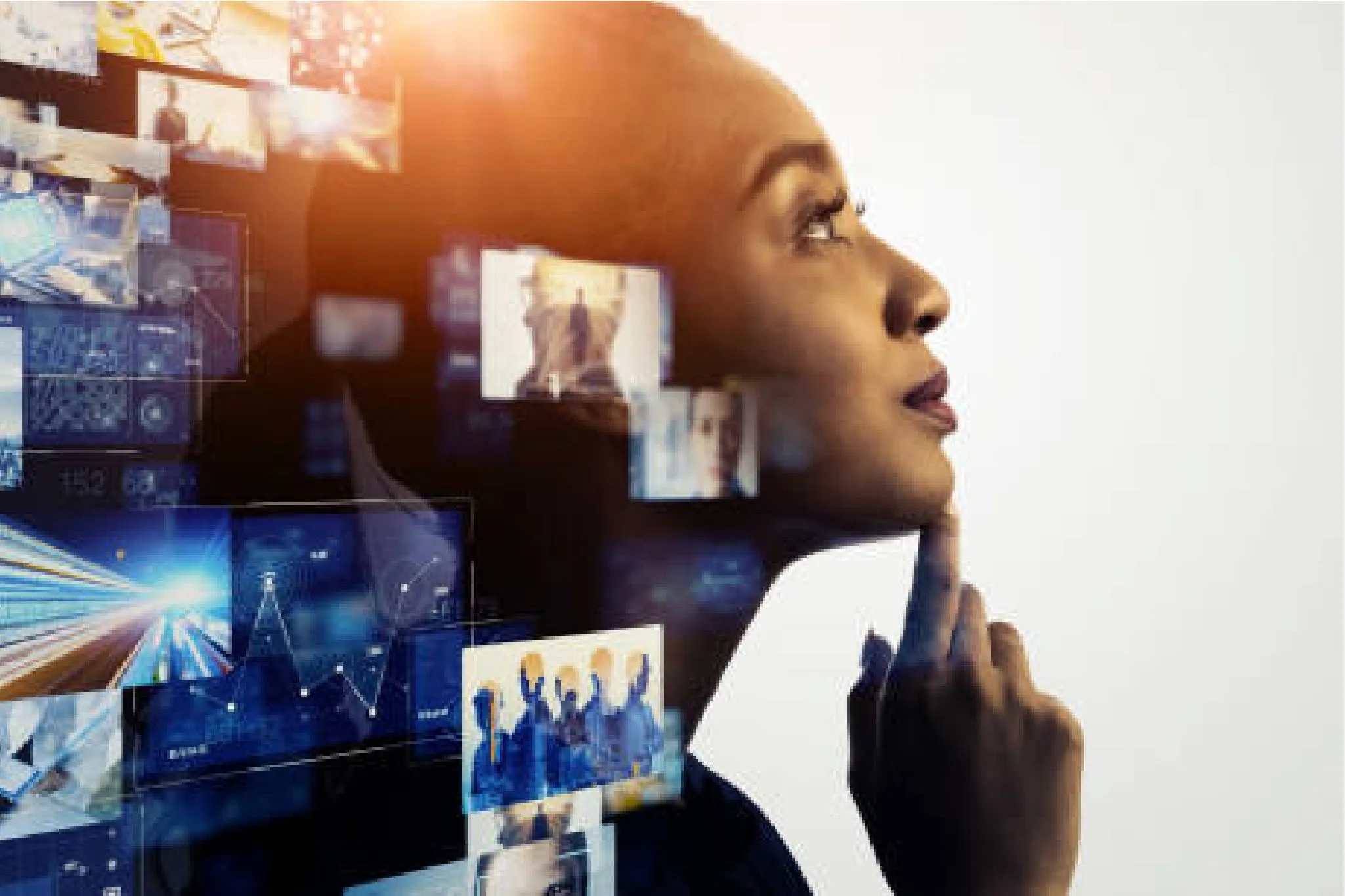 Profile of a woman with digital technology and multimedia screens overlay, representing innovation and futuristic thinking.