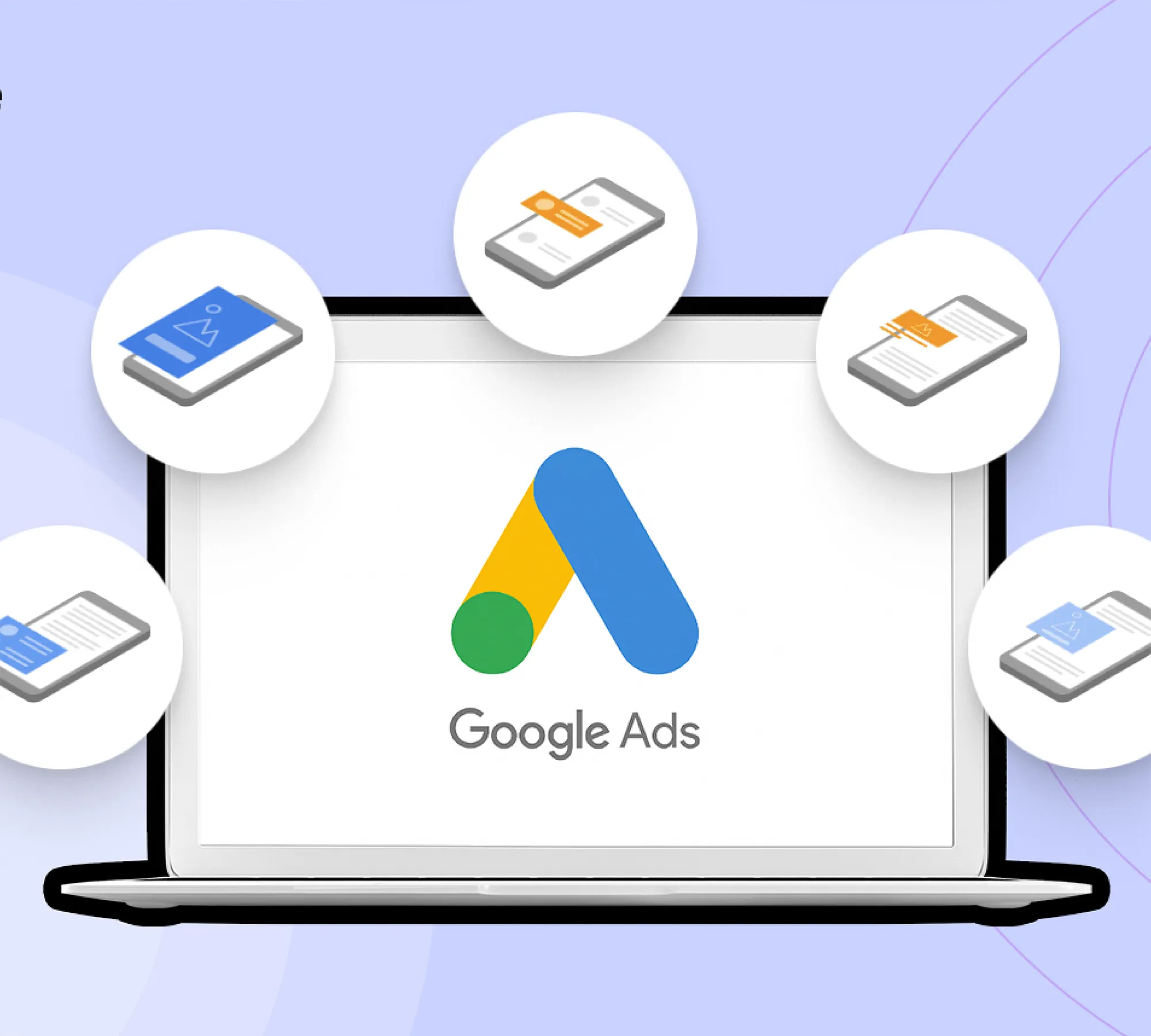 Google Ads logo with digital marketing icons on a laptop screen.