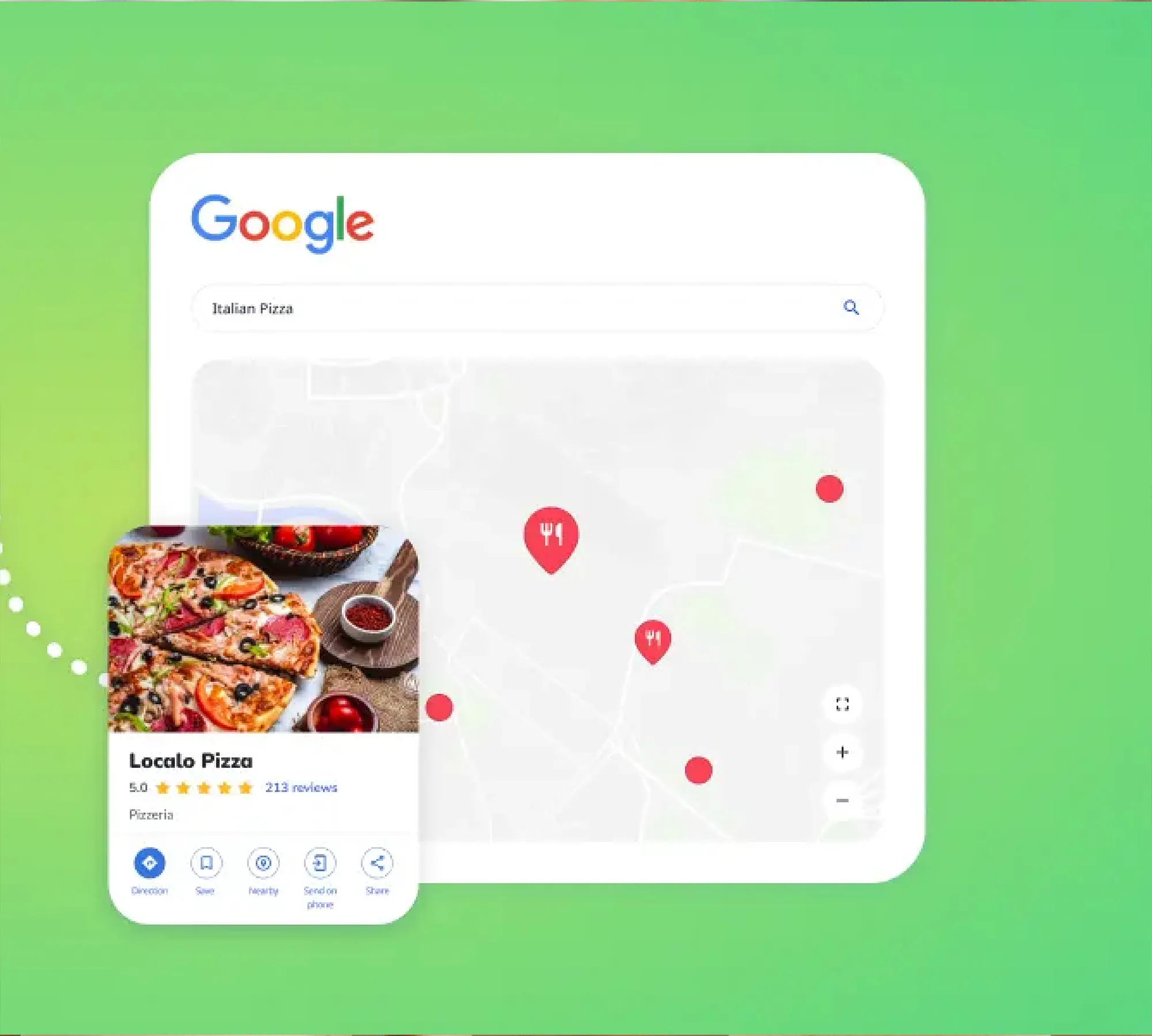 Google local search result for Italian pizza showing Locolo Pizza on map.