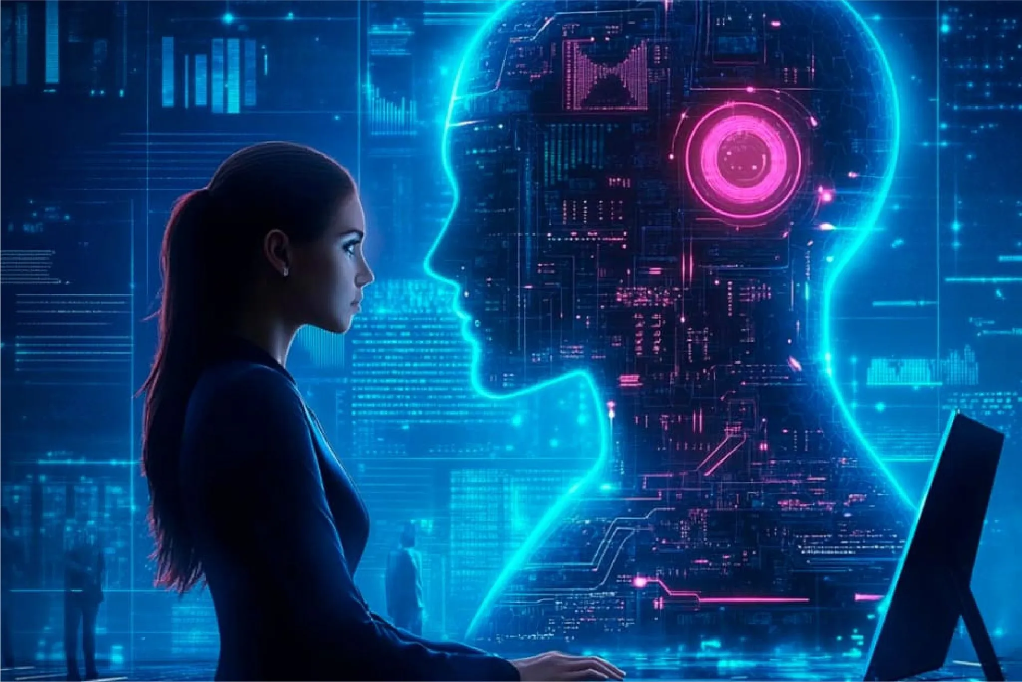 Woman interacting with futuristic artificial intelligence hologram in a digital environment.