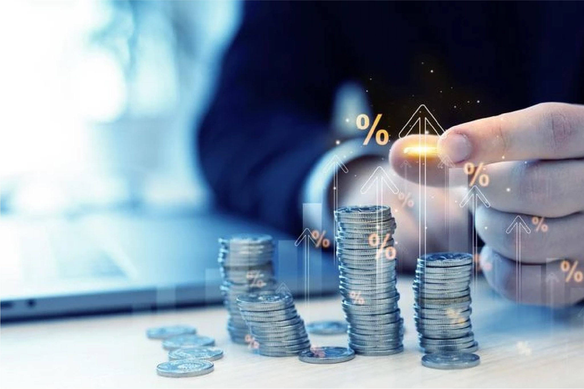 Business Investment Growth with Stacks of Coins and Interest Rates