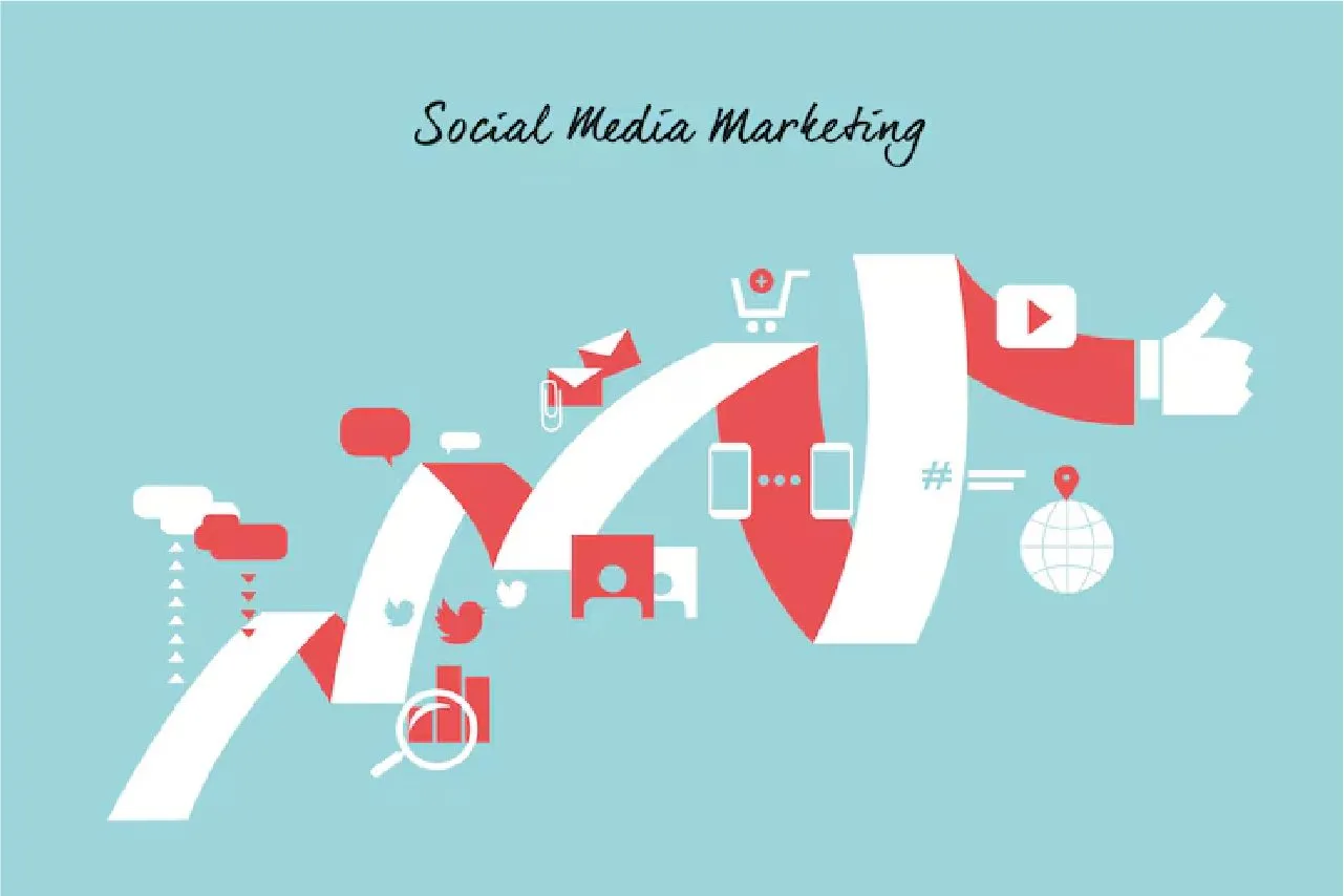 Illustration of social media marketing icons including Twitter, YouTube, shopping cart, and analytics
