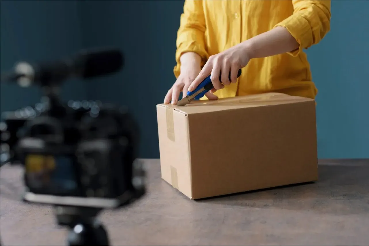 Person in yellow shirt cutting open a cardboard box while recording an unboxing video.