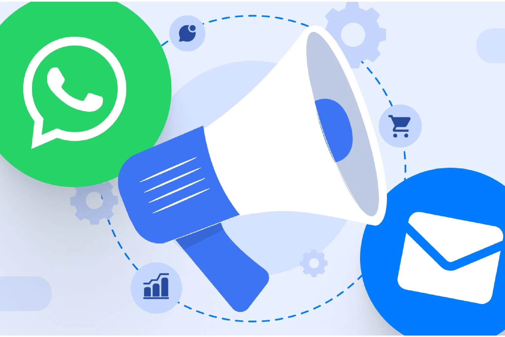 Digital marketing concept with WhatsApp, email, and megaphone icons representing communication, promotions, and business growth.