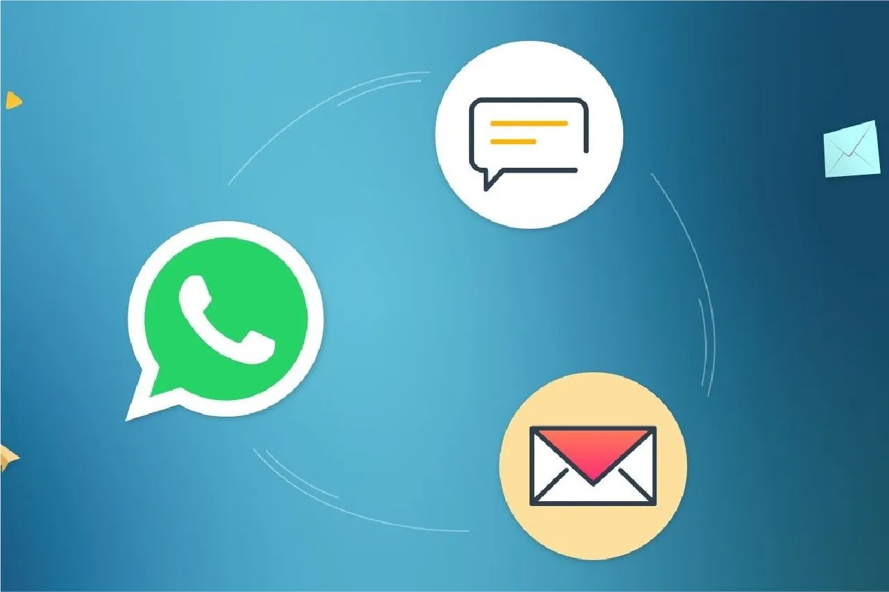 Illustration of WhatsApp, SMS message, and email icons representing digital communication platforms.